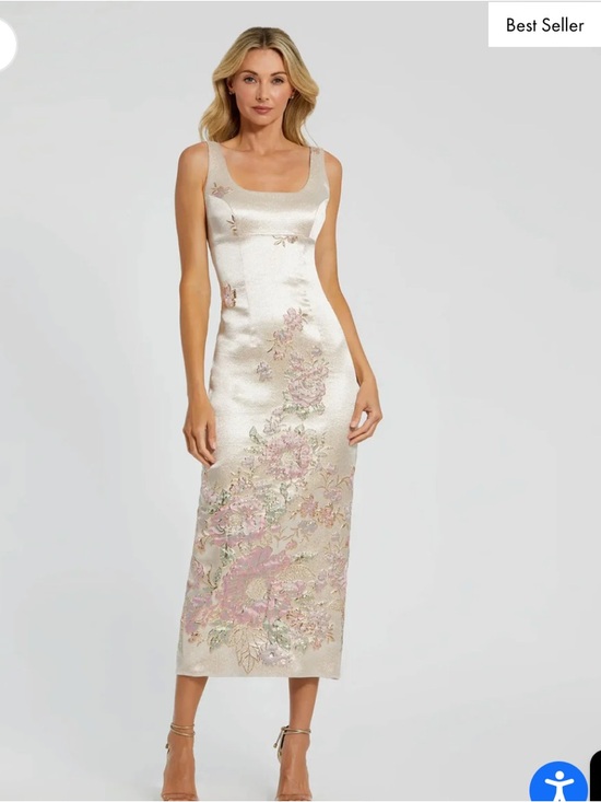 Mac Duggal Dresses & Skirts - Mac Duggal Slim Strap Scoop Neck Brocade Midi Dress - Ivory with Pink Floral